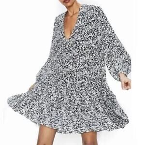 Zara M Womens Tiered Claris Black White Print Mini Dress Swing Long Sleeve